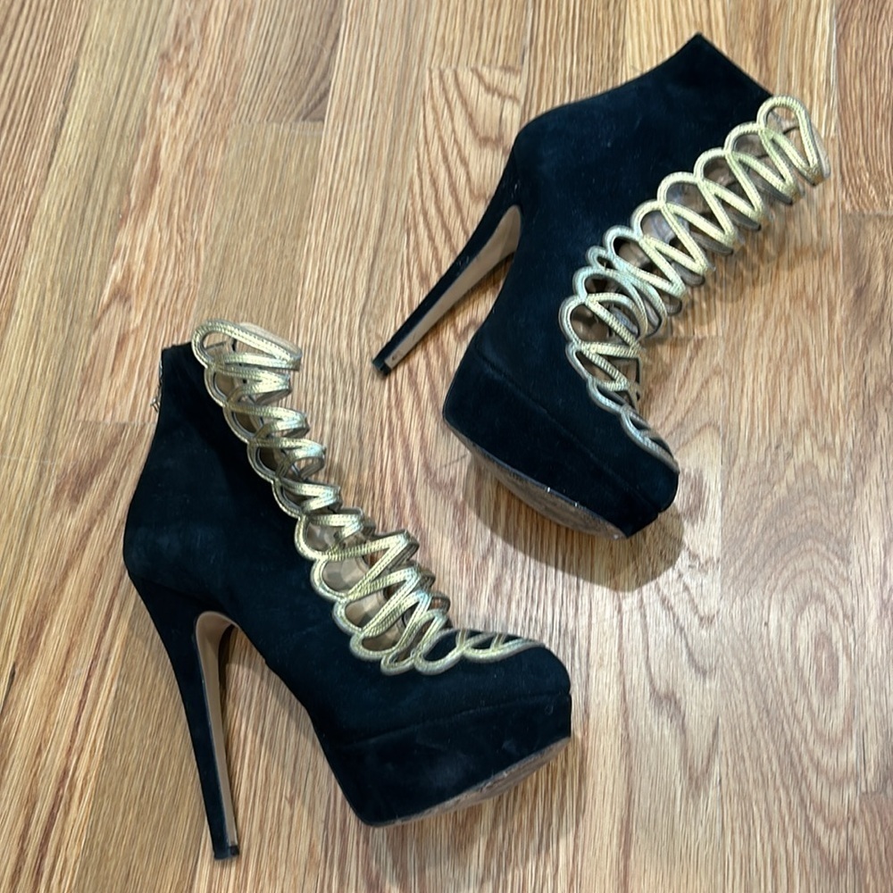 Charlotte Olympia Zena Black And Gold Suede Stiletto  Bootie Size 37 women’s - Picture 14 of 14